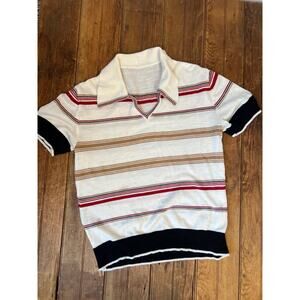 Vintage-Inspired Cream Striped Knit short sleeve Polo